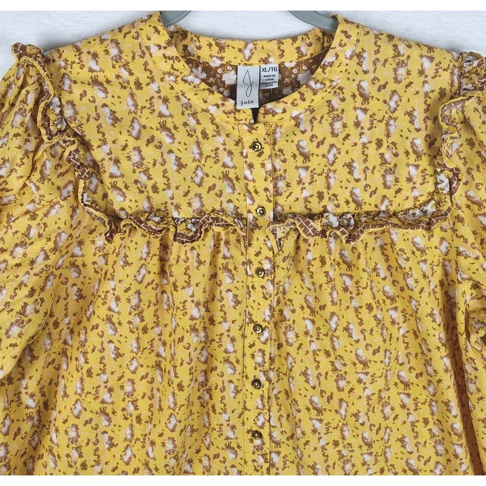 Joie Women's XL Floral Blouse Yellow Brown Boho Prairie Ruffle Puff Sleeve... - Picture 3 of 10